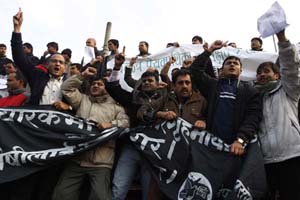 Journalists protest Maoist attacks on the press in Kathmandu today. (AP/Binod Joshi)