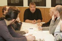 Dmitry Muratov at an undated Novaya Gazeta staff meeting. (Novaya Gazeta)