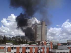 A state TV building burns. (Sobika.com)