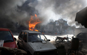 A bomb blast in Peshawar during the early weeks of fighting. (AFP)