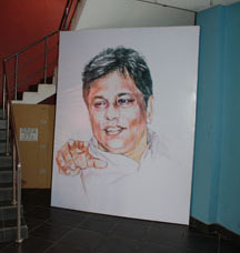 A drawing of slain editor Lasantha Wickramatunga stands in the lobby of The Sunday Leader. (CPJ)