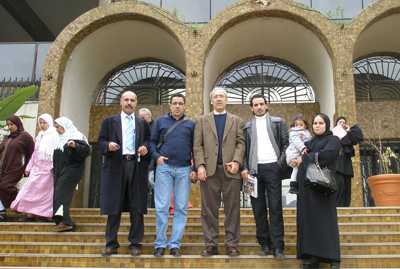 At the Casablanca Appeals Court, left to right: Driss Chahtan's lawyer, Said Ben Hommani; Al-Mishaa's Mustapha Rayhan; Kamel Labidi; Al-Mishaal's Hassan Ain al-Hayat; Chahtan's wife, Sihem, and daughter, Saberina. (CPJ)