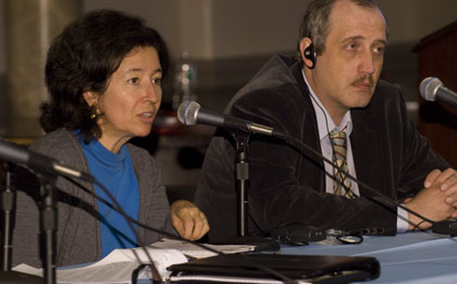 María Teresa Ronderos and Sergei Sokolov at CPJ's Impunity Summit at Columbia. (CPJ)