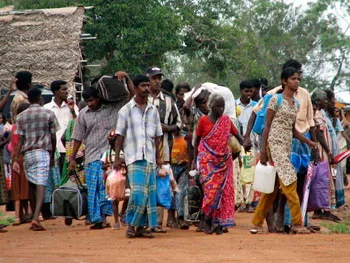 A refugee camp in Manik Farm. As many as 100,000 ethnic Tamils were displaced by the war. (AP/Sanath Priyantha)