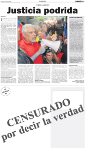 El Carabobeño ran a page that says "Censored for telling the truth" in today's paper where Pérez's column normally runs.