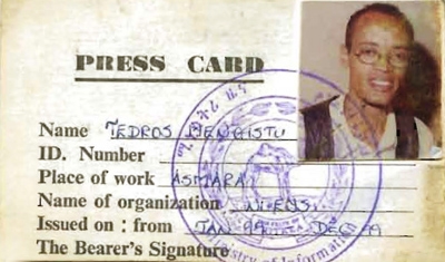 Tedros Menghistu's press card from Eritrea. He lives in Houston now.