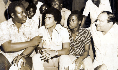 The author, far left, interviewing Brazilian soccer players in 1975. (Courtesy Eugène Dié Kacou)