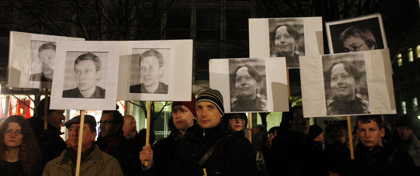 A vigil for Anastasiya Baburova and Stanislav Markelov was held in January in Berlin. (AP/Franka Bruns)