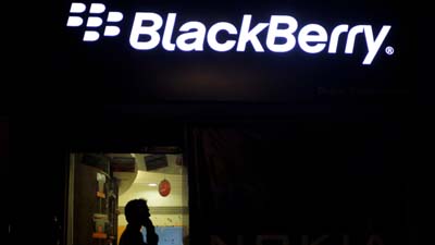A Blackberry logo is prominently displayed in Ahmadabad, India. (AP)