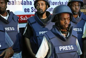 Somali journalists in body armor. (AFP)