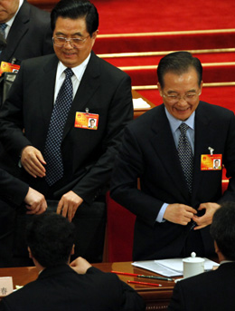 Hu, left, and Wen at the National People's Congress in March 2010. (AP/Gemunu Amarasinghe)