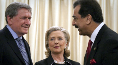 Gilani, right, with U.S. special representative Richard Holbrooke and Secretary of State Hillary Rodham Clinton in July. (Reuters)