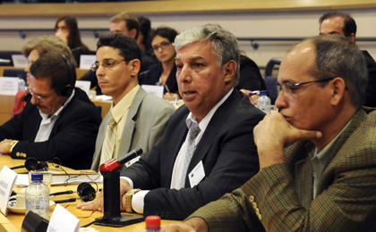 Freed Cuban journalist Ricardo González Alfonso, center, speaks in front of the Subcommittee on Human Rights at the European Parliament in Brussels on September 13. (AFP)