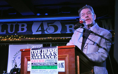 Pete Hamill was among the journalists who spoke to the crowd; a mariachi band and Celtic performers took turns on stage. (James Higgins)