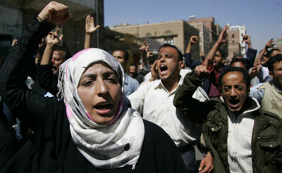 Tawakol Karman, the chairwoman of Women Journalists Without Chains, shouts during an anti-government protest in Sanaa on Saturday. (Khaled Abdullah Ali Al Mahdi/Reuters)