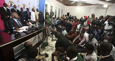 Laurent Gbagbo speaks at a news conference at his party headquarters in Abidjan in November. (Reuters/Luc Gnago)