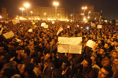 Protesters have created impromptu news theaters in Cairo's Tahrir Square, seen here. (Reuters)