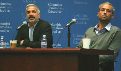 Anthony Shadid, left, and Tyler Hicks tell the audience about their ordeal in Libya. (Pauline Eiferman)