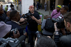 Cameraman Dudley Pearson was hit in the head while covering the protest. (Daniel Born/The Times)