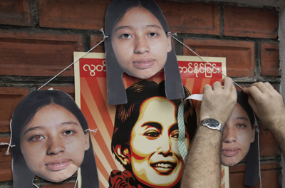 At a protest in Bangkok, images of the jailed journalist Hla Hla Win. (AP/Sakchai Lalit)