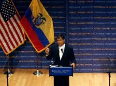 President Correa discusses press freedom at Columbia University. (Reuters)