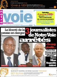 Notre Voie reported the arrests of three of its journalists on its November 25 front page. (Abidjan.net)