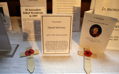 Memorials on an altar during the 2007 annual service for fallen journalists in St. Bride's Church in London. (AFP)