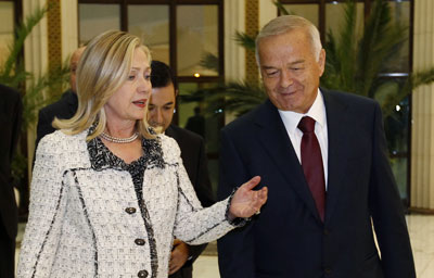 U.S. Secretary of State Hillary Clinton met with Uzbekistan President Islam Karimov in Tashkent in October 2011. (Reuters/Kevin Lamarque)