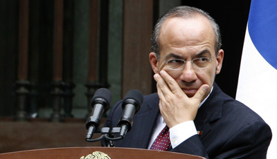Mexican President Felipe Calderón Hinojosa pledged action to deter anti-press attacks, but his government has accomplished little. (AP/Marco Ugarte)