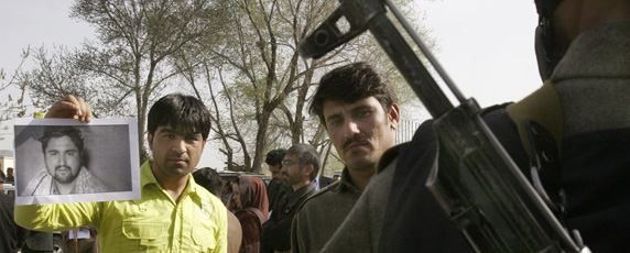 At a demonstration in Kabul, a photo of the slain Afghan journalist Ajmal Naqshbandi. (AP/Musadeq Sadeq)