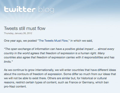 A screen shot showing part of a Twitter blog post in which the company announced it could now censor messages on a country-by-country basis. (AP/Twitter)