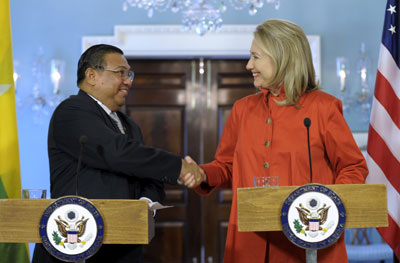 U.S. Secretary of State Hillary Clinton shakes hands with Myanmar Foreign Minister Wunna Maung Lwin Thursday in Washington. (AP/Susan Walsh)