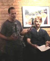 Sebastian Junger, left, introduces fellow journalist Jeffrey Gettleman at the Half King. (Nicole Schilit)