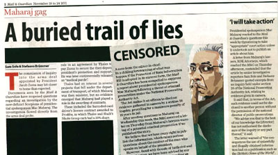 The censored November issue of Mail & Guardian. (CPJ)