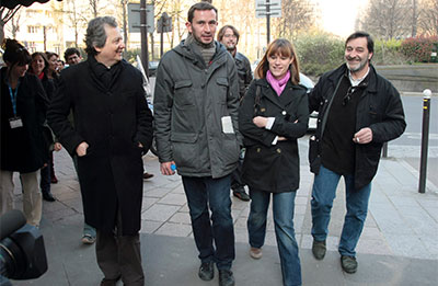 From left, Rue89's Pierre Haski, Augustin Scalbert, and two France 3 journalists were summoned in 2009 over a video of then-President Nicolas Sarkozy. (AFP/Jacques Demarthon)