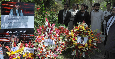 A memorial for Afghan journalist Ahmad Omaid Khpalwak in Kabul. (AFP/Shah Marai)