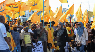 MDP supporters demonstrate at a rally in Male in February. (AFP)