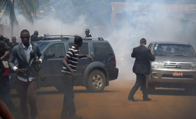 A radio station station was closed down to prevent coverage of Monday's protests, shown here. (AFP/Cellou Binani)