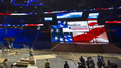 Journalists view the stage for the coming Republican National Convention. (Reuters/Scott Audette)