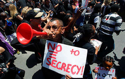 A protest against the Protection of Information Bill outside parliament in Cape Town, November 22, 2011. (Reuters/Mike Hutchings)