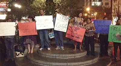 Supporters of Lingaram Kodopi and his aunt gathered in New York's Union Square on October 4. (CPJ/Sumit Galhotra)