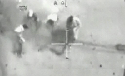 A still from a classified U.S. military video showing Iraqi journalists under fire from a U.S. Apache helicopter in 2007. Two Reuters journalists were killed. (Reuters/WikiLeaks)