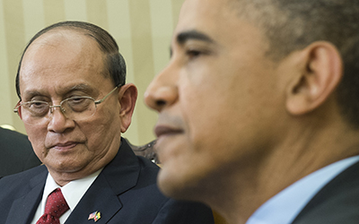 U.S. President Barack Obama and President Thein Sein of Burma meet in the White House. (AFP/Saul Loeb)
