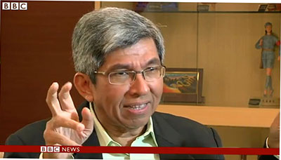 This screenshot shows Singapore Minister of Communications and Information Yaacob Ibrahim telling a BBC interviewer that new license regulations will ensure users see the 'right' content online. (BBC)