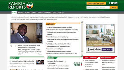 The home page of Zambia Reports, the news website blocked by the Zambian government.