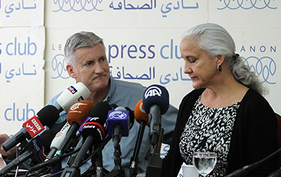 The parents of Austin Tice hold a press conference in Beirut. Tice has been missing for a year. (AFP/Anwar Amro)