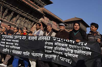 Journalists protest the killing of Uma Singh in Nepal in 2009. (AP/Binod Joshi)