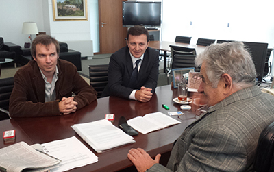 A presentation at the office of the Uruguayan president: From left, Benoit Hervieu, head of the Americas Desk at Reporters Without Borders; Carlos Lauría, CPJ's senior Americas program coordinator; and President José Mujica. (CPJ)