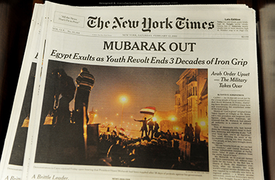 The front page of The New York Times, the day after President Hosni Mubarak was ousted from office. (AFP/Stan Honda)