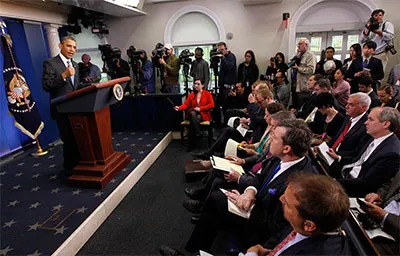 Obama answers questions from the media in the Brady press briefing room at the White House, April 30. (Reuters/Jason Reed)